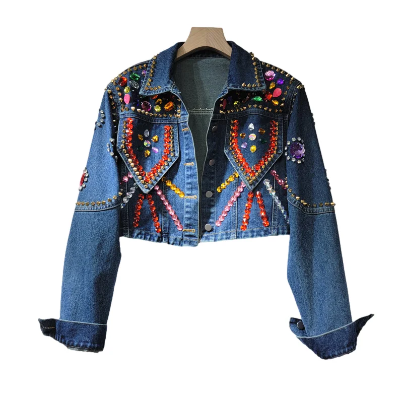 

Multicolour Diamonds Rivet Beading Denim Jacket Women Loose Short Cowboy Outerwear Spring Vintage Dark Blue Jeans Jackets Female