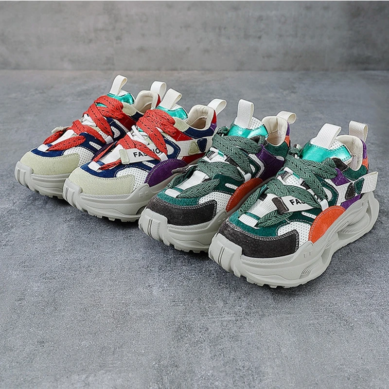 Autuspin Handmade Genuine Leather Women Sneakers Spring Summer Outdoor Leisure Students Lace-Up Sports Shoes Office Lady Size 40