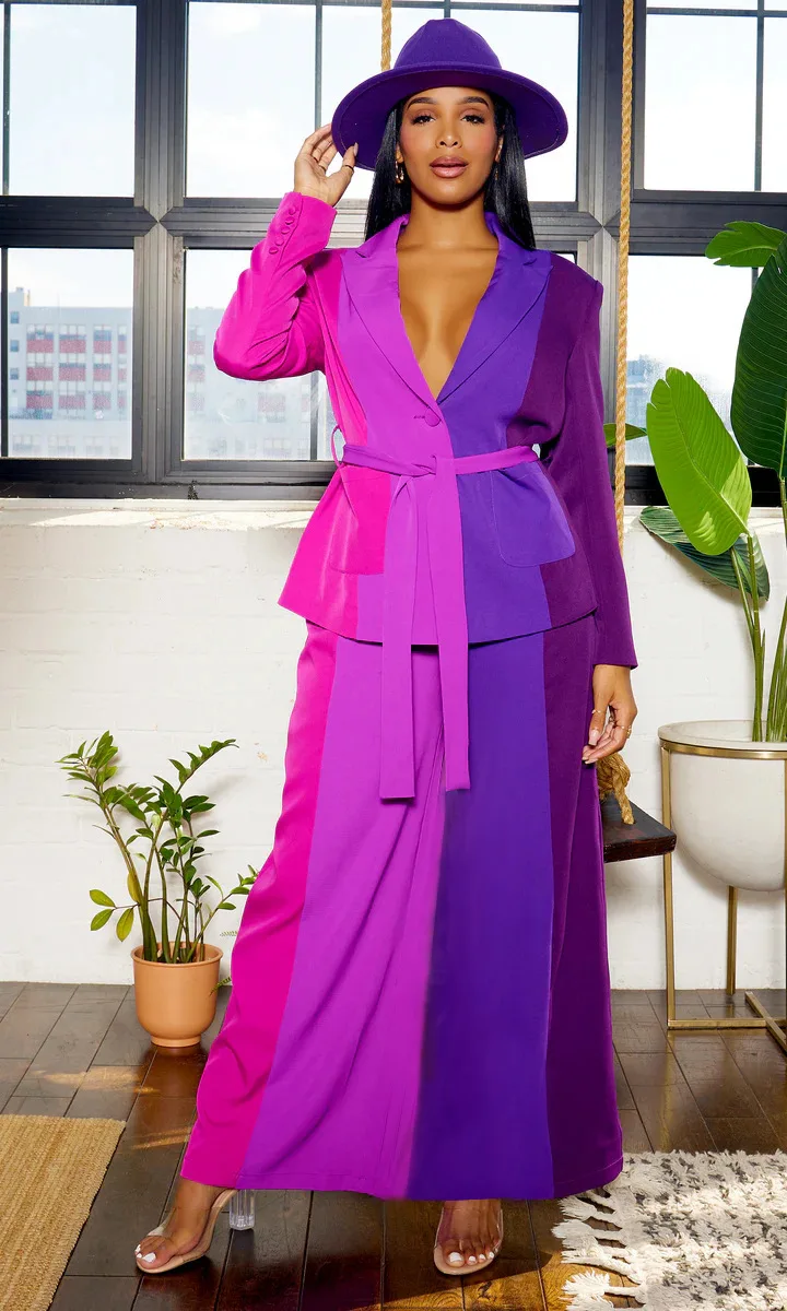 

Женский костюм из двух предметов, элегантный костюм в стиле пэчворк с блейзером с поясом и длинной свободной юбкой макси, Осень-зима 2023