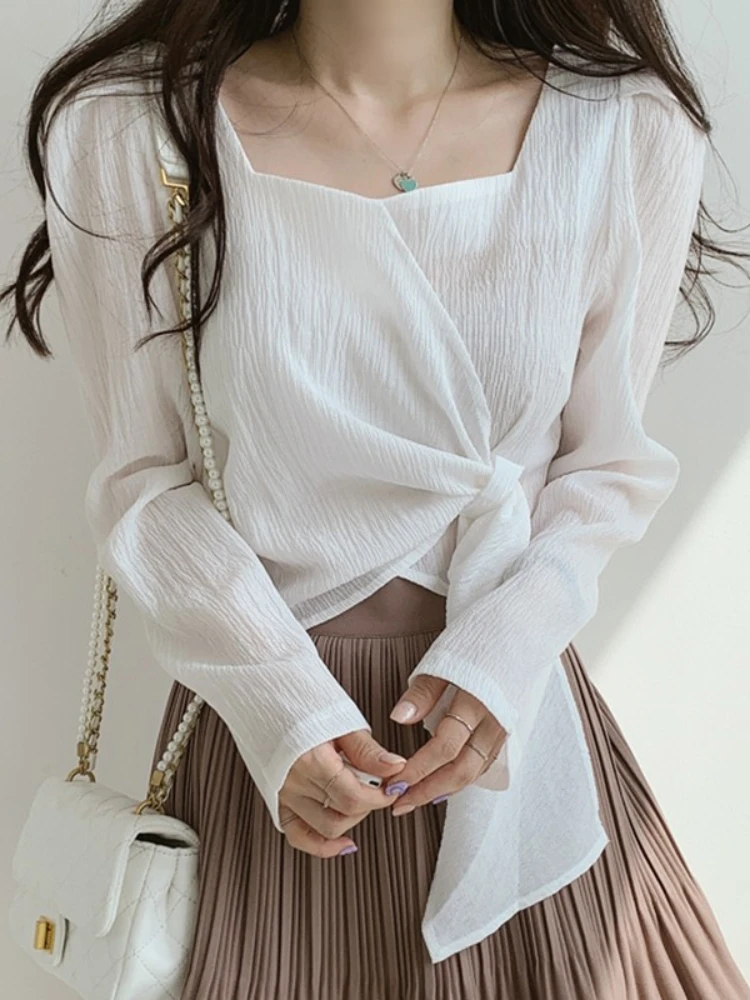 

Blouse Women Korean Chic Spring Retro Slim Square Collar Irregular Tie Irregular Design Loose Long Sleeve Crop Shirt