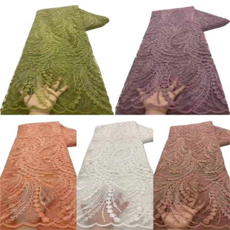 

Розовая кружевная ткань с 3D цветами и блестками, французская сетчатая кружевная ткань с вышивкой, африканская сетка, тюль, кружевная ткань с...