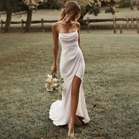 sexy spaghetti straps wedding dress strapless satin lace up simple backless brial gown with side split train vestido de novia