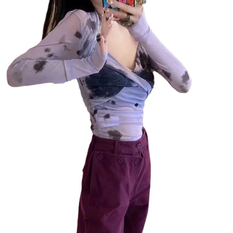 

Женский топ с длинным рукавом, приталенный легкий топ с абстрактным чернильным принтом и V-образным вырезом для девушек и женщин, модель 517D н...