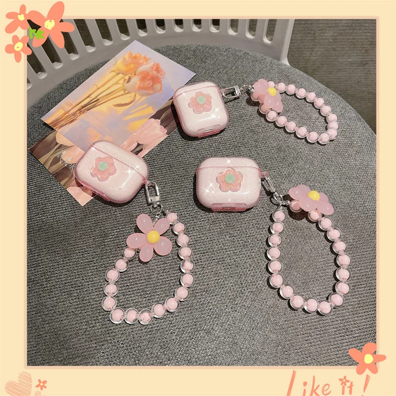 

For Airpods 3 Case 2021,Glitter Pink Flower Case With Keychain For Airpods Pro,Bluetooth Earphone Cover Case For Airpods 2 Case
