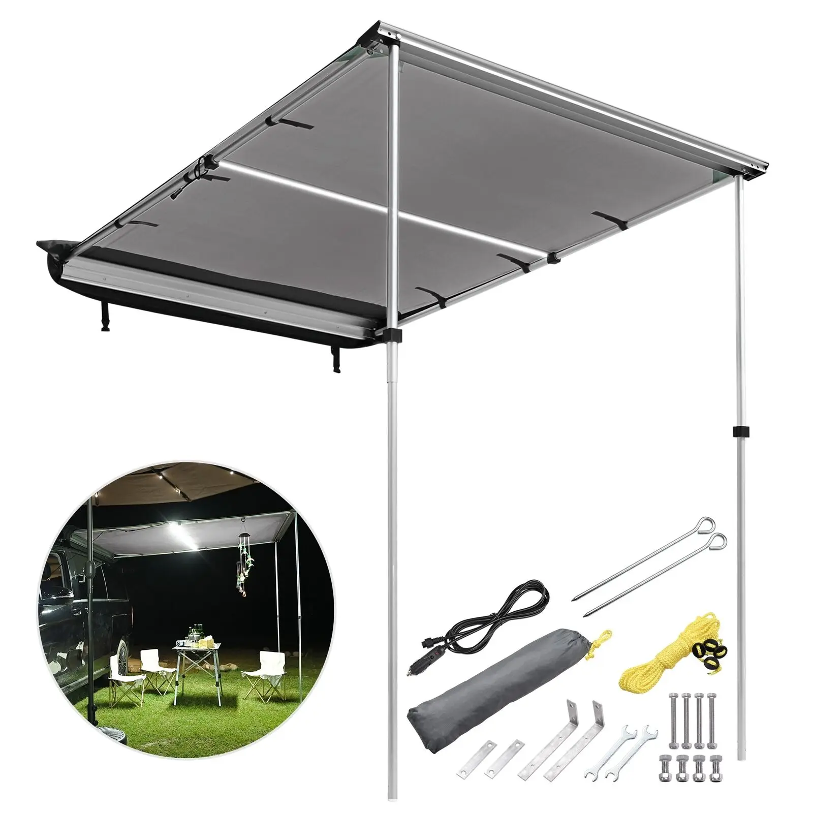 

Car Side Awning with LED UV50+ Protection Outdoor Shelter 200 x 140 x 218 cm