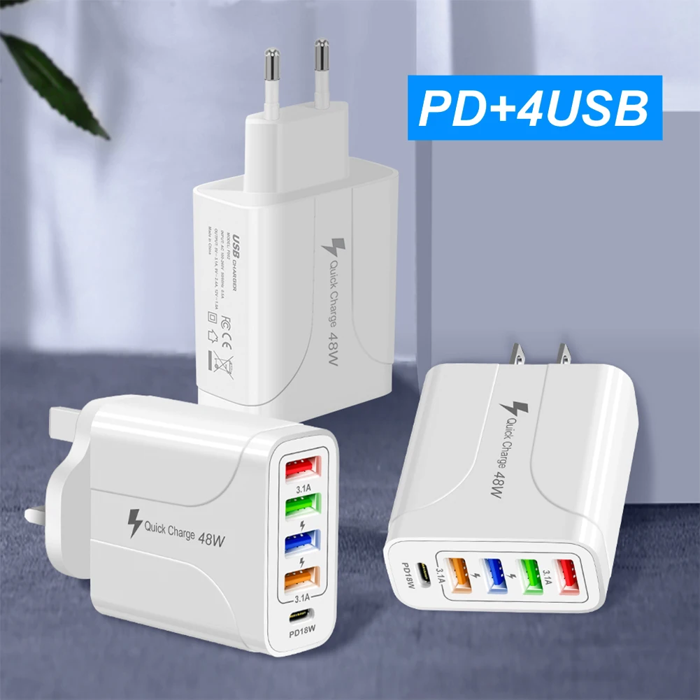 Зарядное устройство сетевое с 5 USB-портами и поддержкой быстрой зарядки 48 Вт