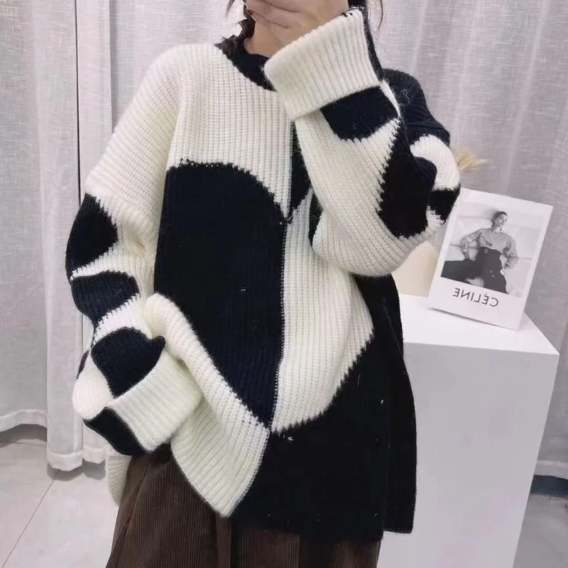 

Deeptown Korean Style Black White Patchwork Oversize Sweater Women Harajuku Fashion O-neck Jumper Autumn Winter Pullvoer Female