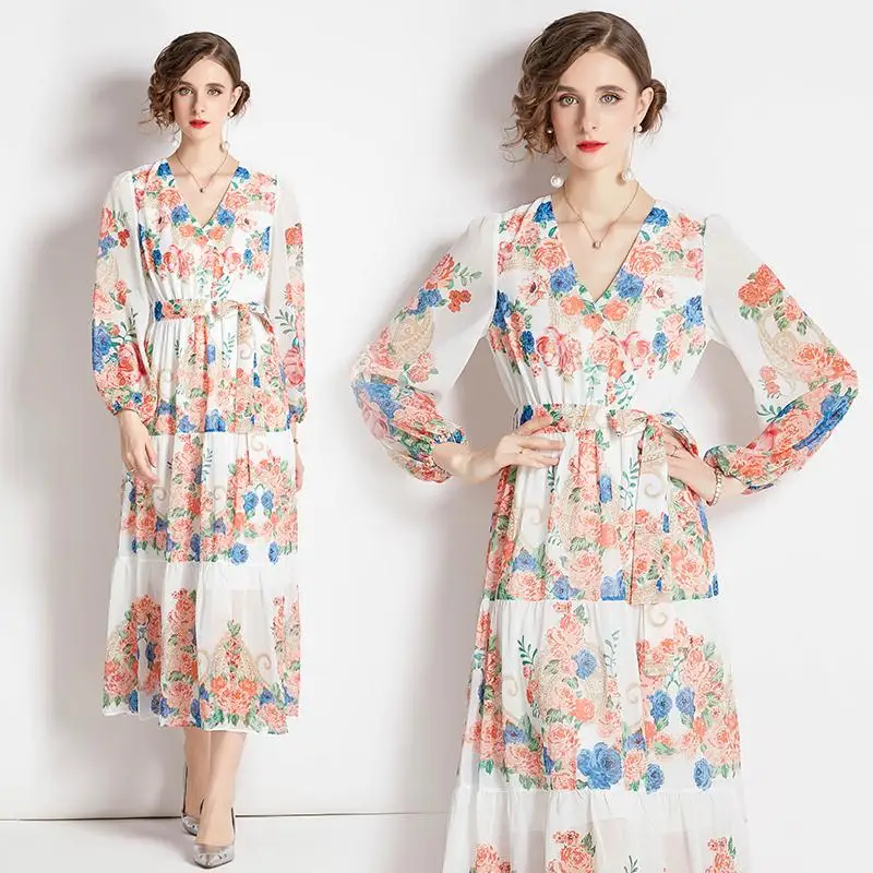 

Vintage Young Girl Lantern Long Sleeve Dresses For Autumn Trendy Pink Flower Printed Bandage Corest V-neck Feminino Vestidos