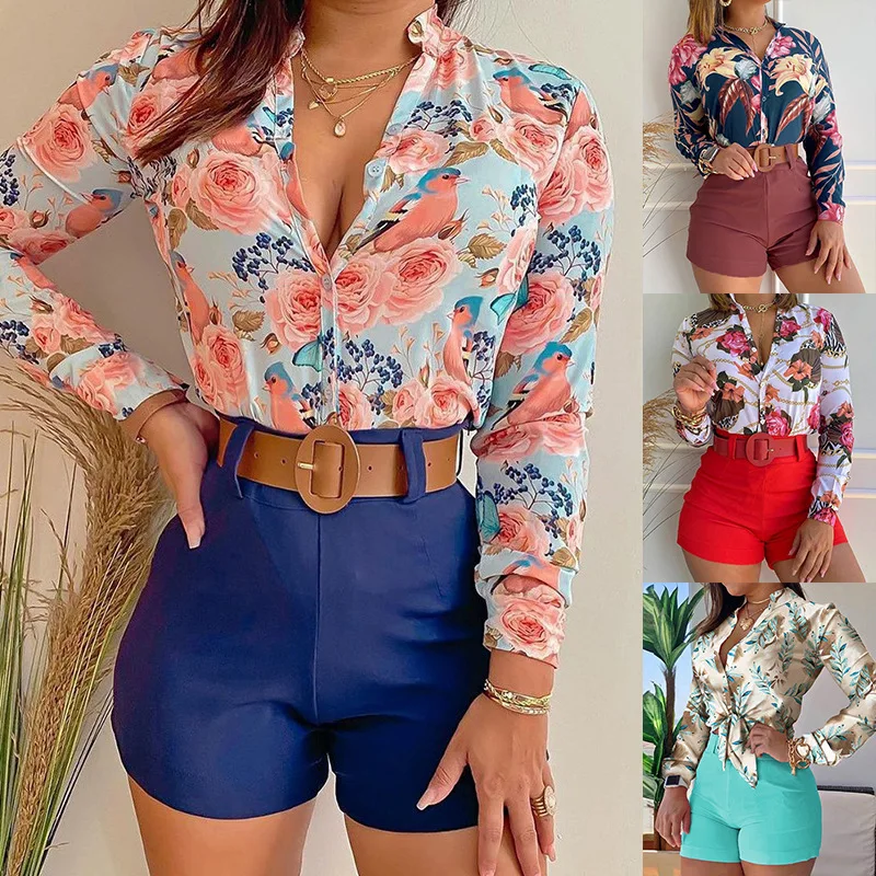 

Women's Printed Shorts Set Elegant Polo Collar Long Sleeve Chiffon Shirt High Collar A-line Shorts 2022 Summer Two-piece Set