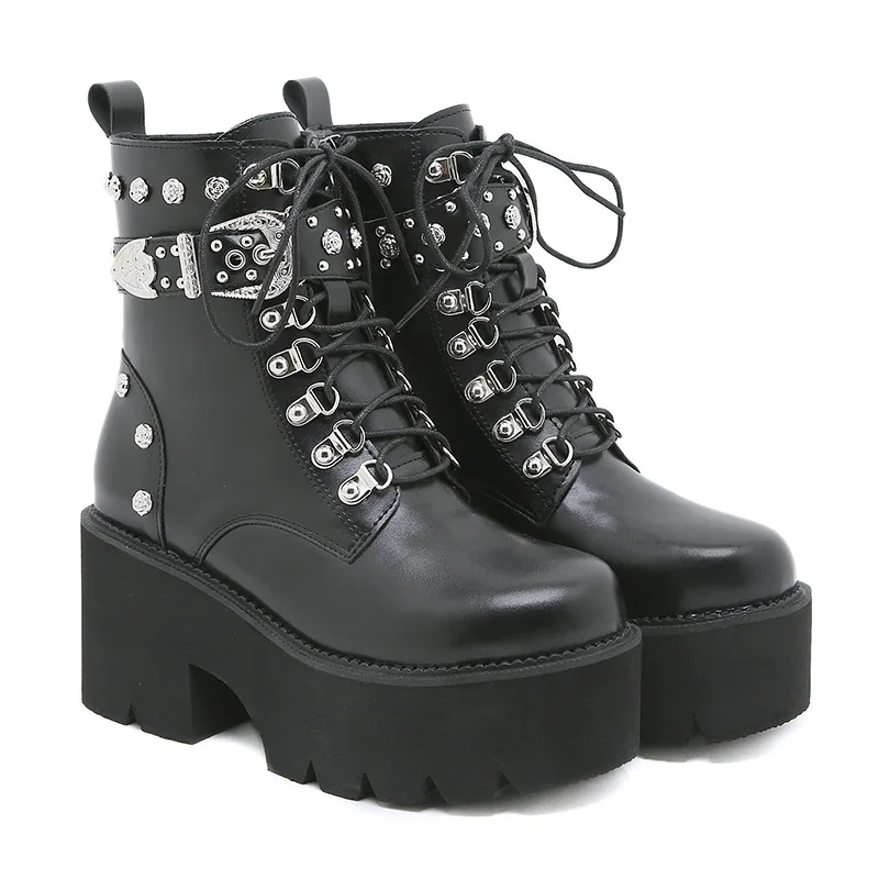 

Female Motorcycle Boots For Women Rivet Design Punk Fashion Ankle Boots Lace Up Platform Brand New High Quality 2022 Summer Sale