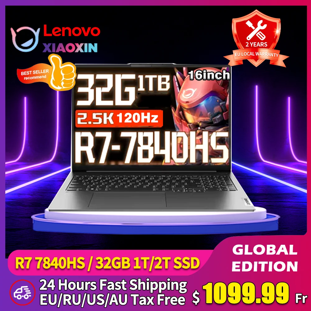 

Lenovo Xiaoxin Pro 16 2023 Laptop Ryzen R7 7840HS Radeon 780M Ultrabook 32G RAM 1TB SSD 16inch 2.5K 120Hz IPS Screen Notebook