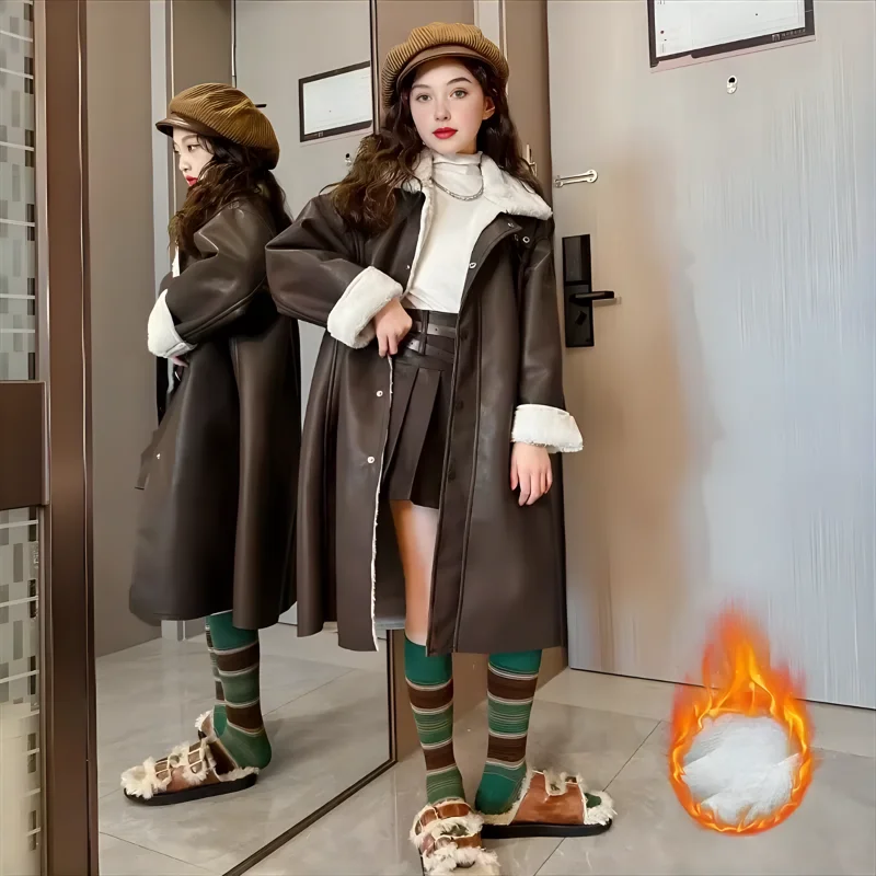 Зимнее пальто из искусственной кожи на флисе для девочек 12-13 лет