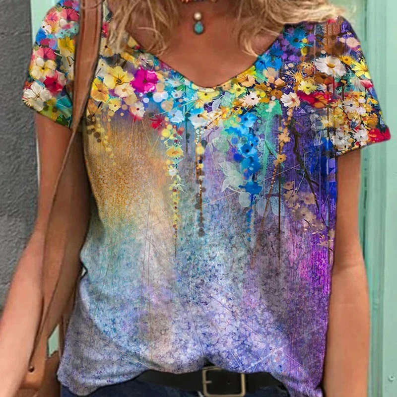 Женская футболка с цветочным принтом повседневный Свободный Топ коротким