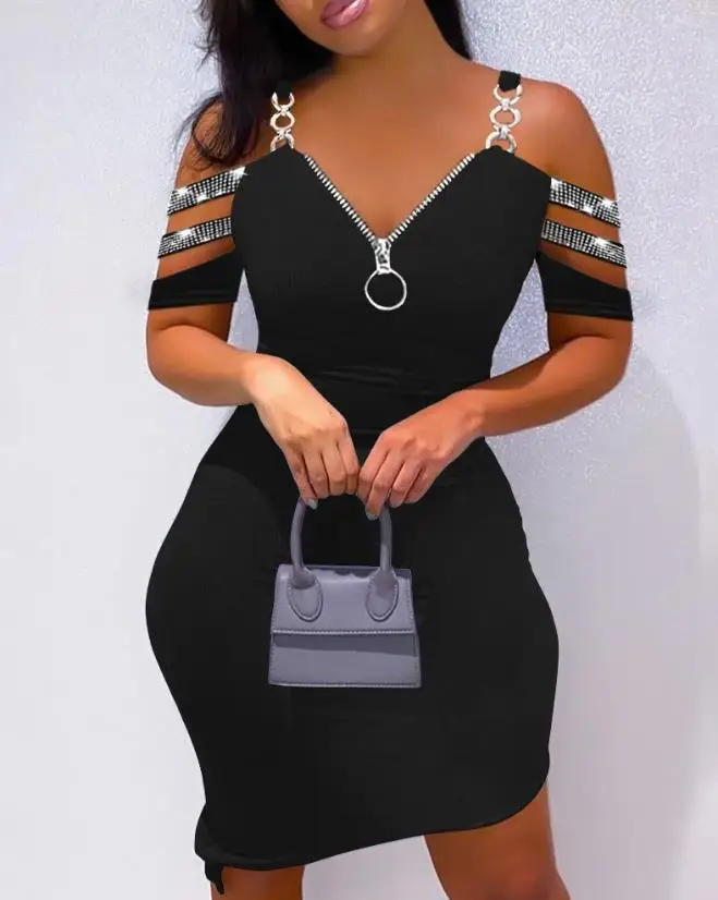 Women's Dress 2023 New Fashion Elegant Sexy Solid Color Cold Shoulder Rhinestone Zipper Design Bodycon Mini Short Sleeve Dresses