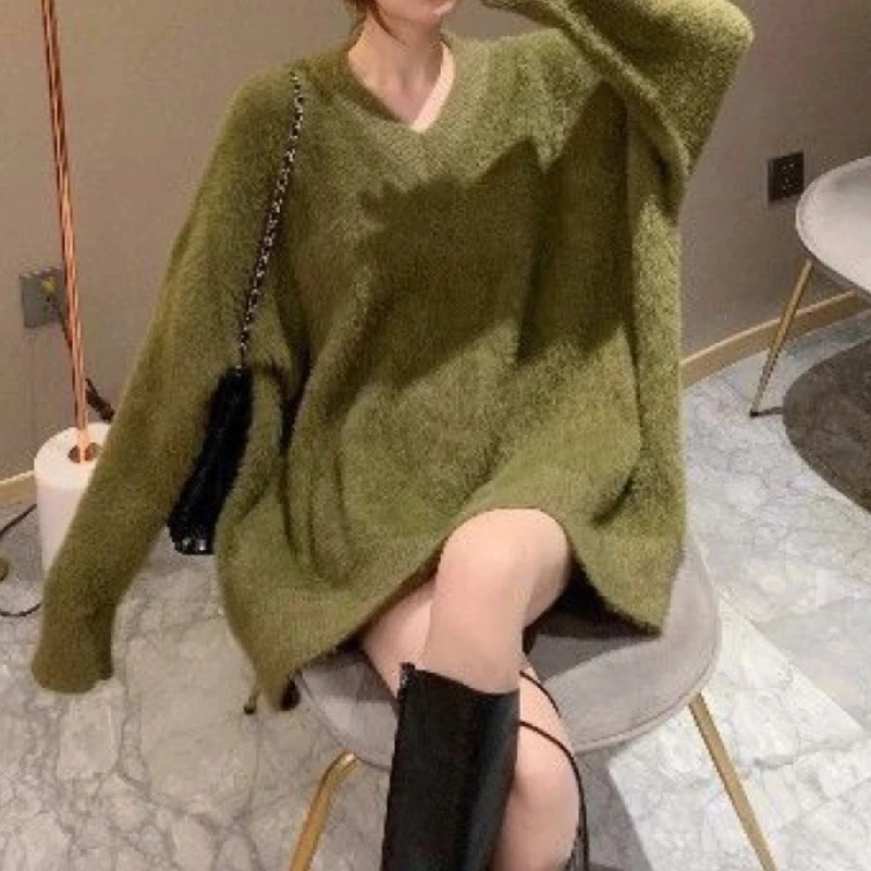 Зимние пушистые свитера Женский вязаный свитер с V-образным вырезом однотонный