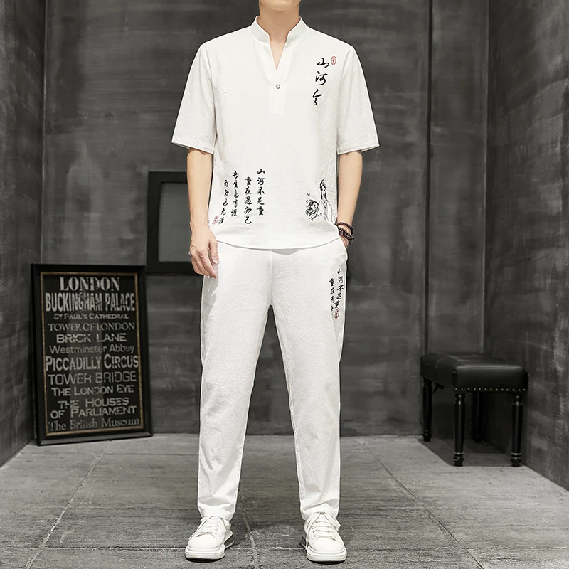 

New Arrival Men's Cotton and Linen Short Sleeve T-shirt+Ankle Length Pant Set Solid Shirt+Trousers Home Suits Male Size S-5XL