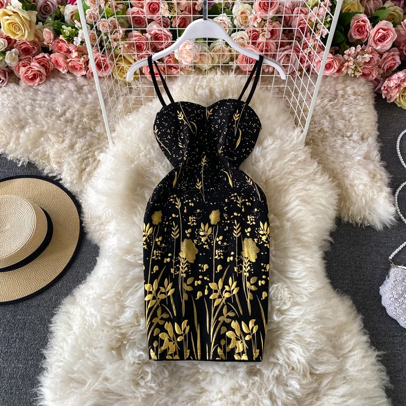 

2021 Fashion Sexy High Waist Wraping Bra Strap Dress Gilded Print Elegent Gold Silver Flower Printed Evening Party Prom Women