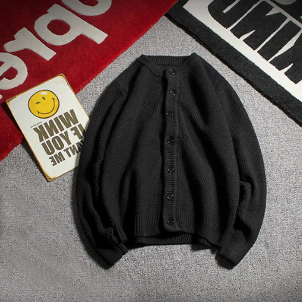 Stylish Knitting Cardigan O-Neck Comfy Male Single Breasted Knitted Cardigan Sweater  Elastic Sweater Coat for Work