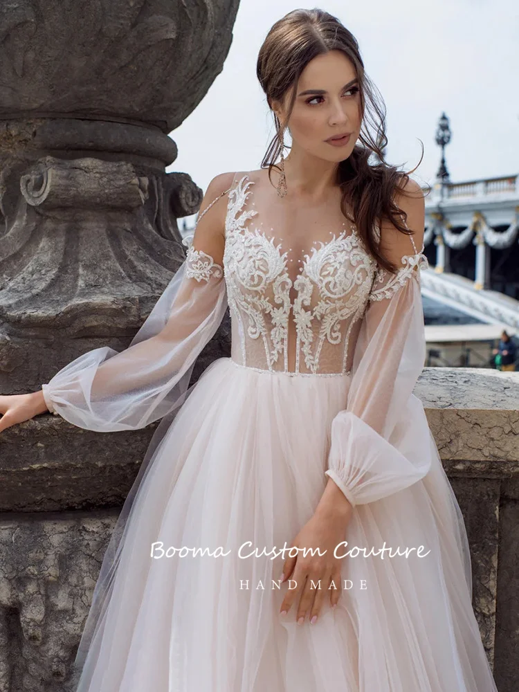 Женское платье с длинным рукавом Booma розовое свадебное в стиле бохо кружевное