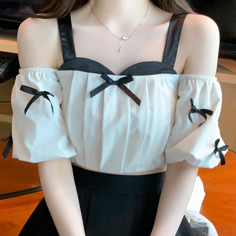 

Summer Women's Short Sleeved Sexy Square Neck Suspender Bow Bubble Sleeved Chiffon Shirt Womens Tops Blusas Mujer Blouse C821