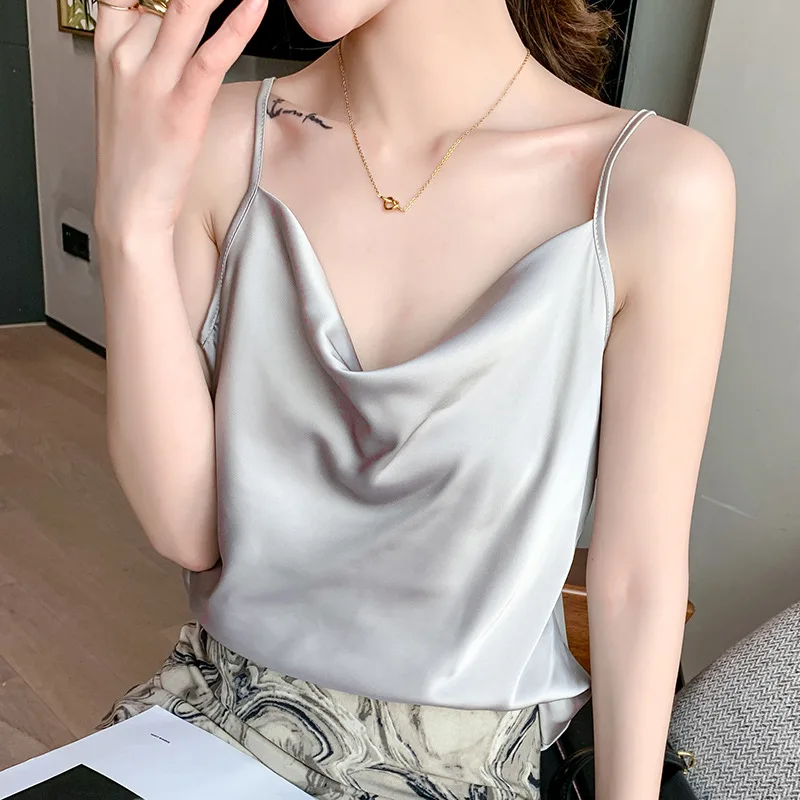 

2023 New Korean Version Satin Sling Wavy Neck Design Fashion Trend Sling silk camisole silk Top Women inner base sexy fashion