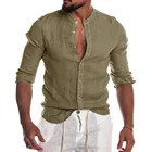 Рубашка мужская с круглым вырезом, модная повседневная однотонная пляжная блузка на пуговицах, Топ с длинным рукавом, 2022