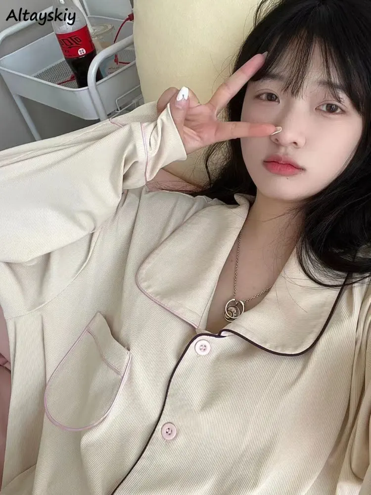 

Плотная Пижама комплекты для женщин в стиле Ins простой весенний Повседневный свободный нежный модный универсальный домашний костюм в Корейском стиле для колледжа