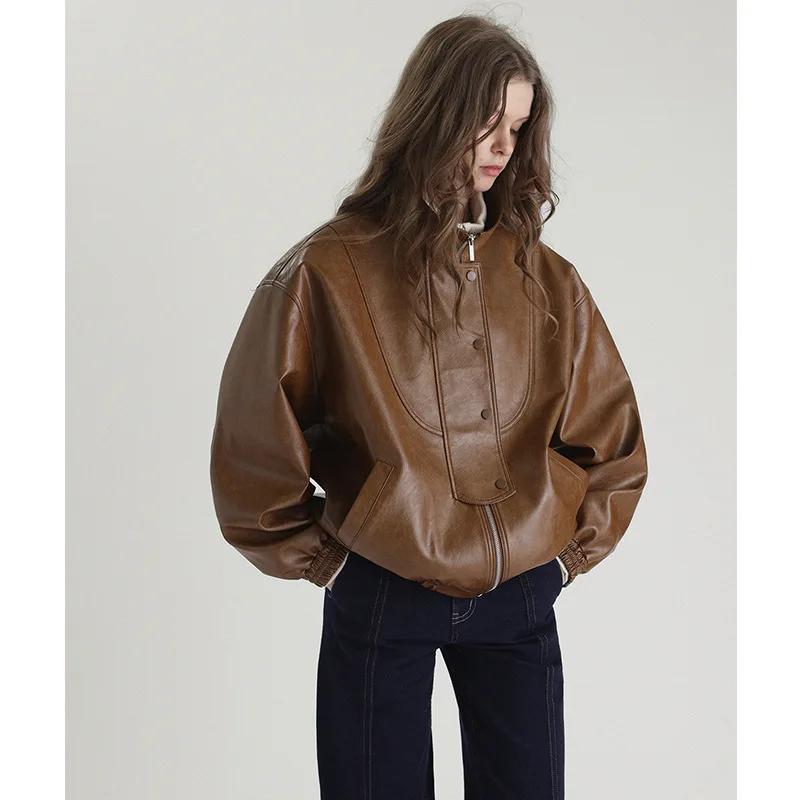 Yuxinfeng Vintage Brown PU Leather Jacket Women Spring Autumn New Bomber Jackets Female Stand Collar Zipper Loose Short Coat