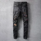 Джинсы мужские в стиле ретро, модные брендовые уличные штаны с дырками, черные джинсы в стиле хип-хоп, пэчворк с цветами, большие размеры