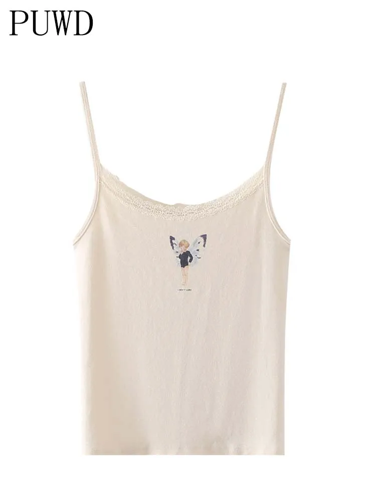 

PUWD Cute Girls Cartoon Print Tank 2022 Summer Fashion Ladies Sleeveless Slim Beige Soft Cotton Short Tops Women Chic Crop Top