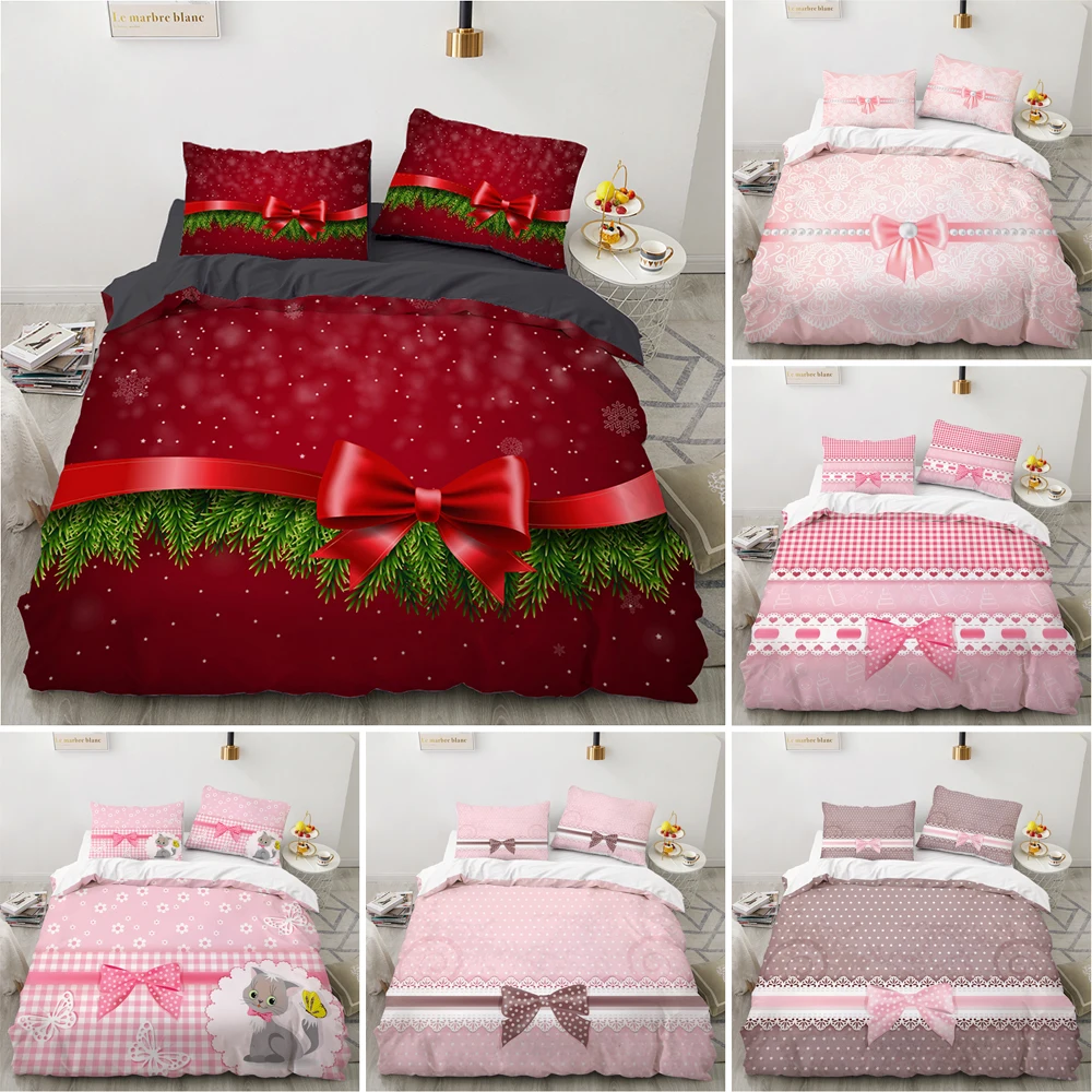 

Gift Pattern Print Polyester Comforter Cover Queen King Size Pink Bow Knot Bedding Set For Girls Kids Bedroom Quilt Cover 2/3Pcs