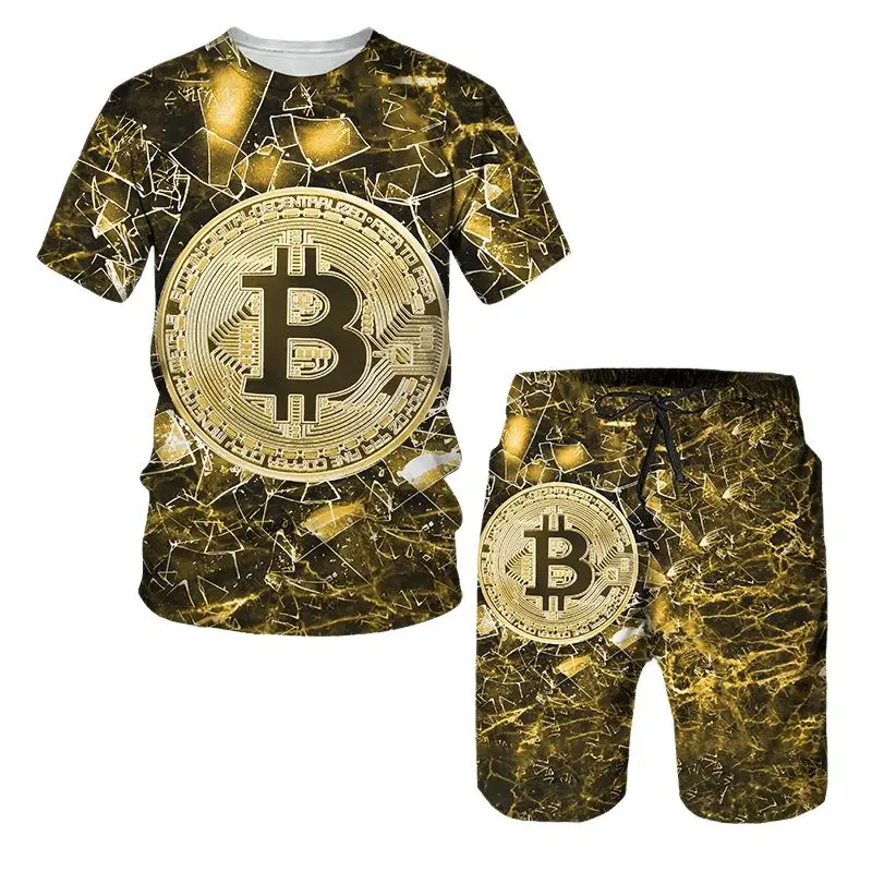 

Bitcoin Pattern T Shirt For Men Casual Shorts 2 Piece Outfit Fashion Trend Summer Sports Sets Funny Streetwear Short Sleeve Tops