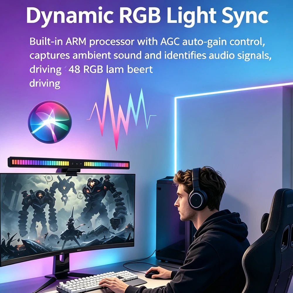 Фото Светодиодная лампа для рабочего стола с RGB-подсветкой и синхронизацией с музыкой, 5 цветов, защита для глаз, подвесная световая панель для ПК, для работы/чтения/учебы №5