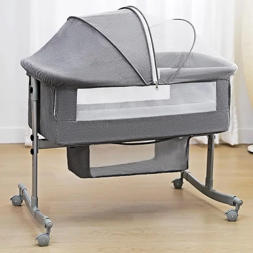 

uiuwoo Bedside Crib for Baby, 3 in 1 Bassinet with Large Curvature Cradle, Adjustable and Movable Baby Bed with Mosquito Nets