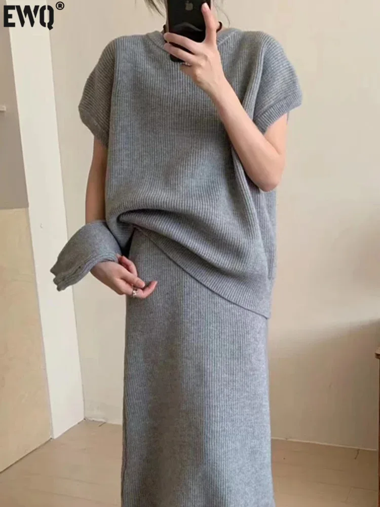 

[EWQ] O-neck Short Sleeve Knitted Pullover Sweater Thick Warm Skirt Gray Apricot Two Pieces Set 2023 Autumn Winter New 16U6564
