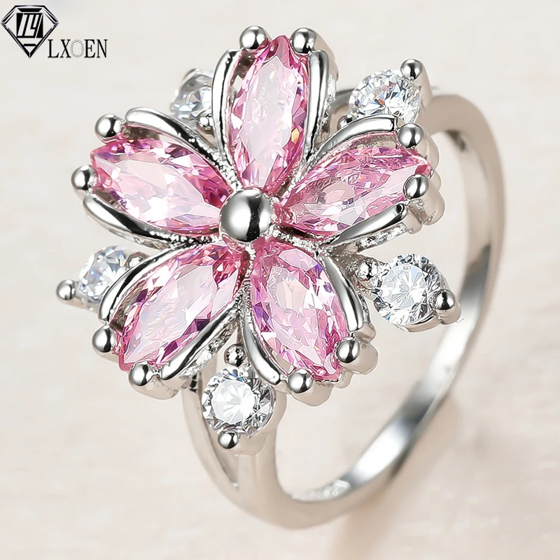 Cute Female Pink Crystal Stone Ring Charm Silver Color Thin Wedding Rings for Women Dainty Bride Flower Zircon Engagement Ring