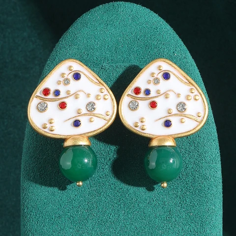 Винтажные белые серьги-гвоздики с зеленым агатом, треугольной эмалью для женщин, аксессуары, золотой цвет, стразы, свадебные украшения, роскошные