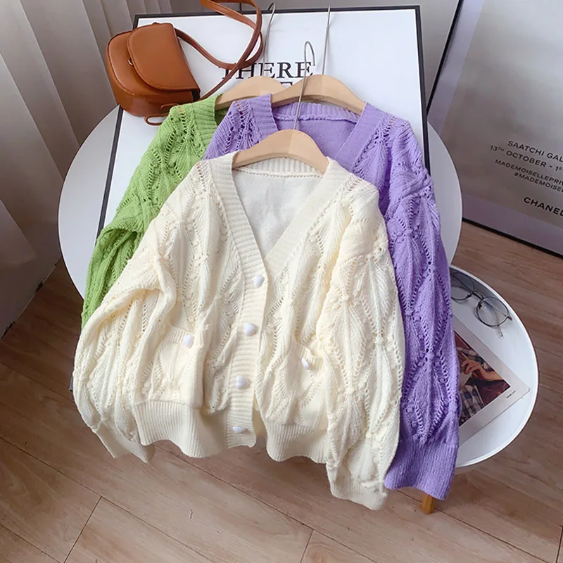 

Женский кардиган EBAIHUI с V-образным вырезом, весенний осенний Повседневный свободный свитер, кардиган, женская модная вязаная куртка с выреза...