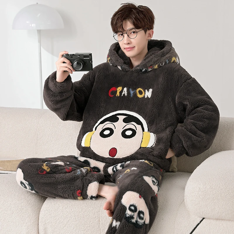 Men's Pajamas Autumn and Winter Coral Fleece Warm Crayon Xiaoxin Flannel Youth Casual Home Wear Can Be Worn outside