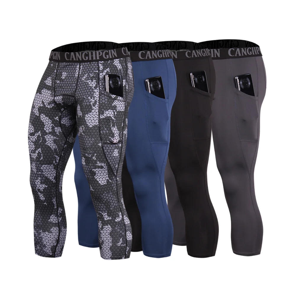 

Mens 3/4 Compression Pants with Pockets Running Base Layer Legging Tights
