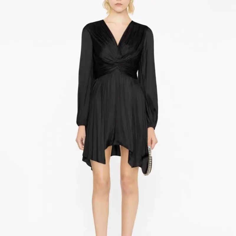 

VII 2023 Брендовая женская одежда M V-образный вырез дизайн витое Плиссированное нестандартное облегающее черное платье Сексуальная юбка Бесплатная доставка предложение