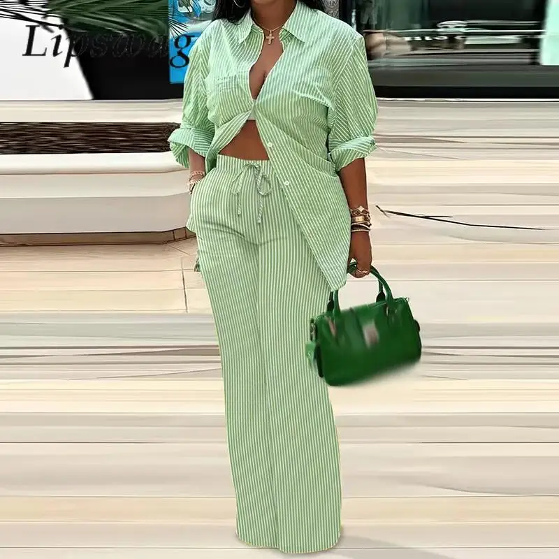 

Women Casual Loose Set Fashion Stripd Print Lapel Blouse Office Lady Set Autumn Long Sleeve Shirt +Tie-up Straight Pants Outfits