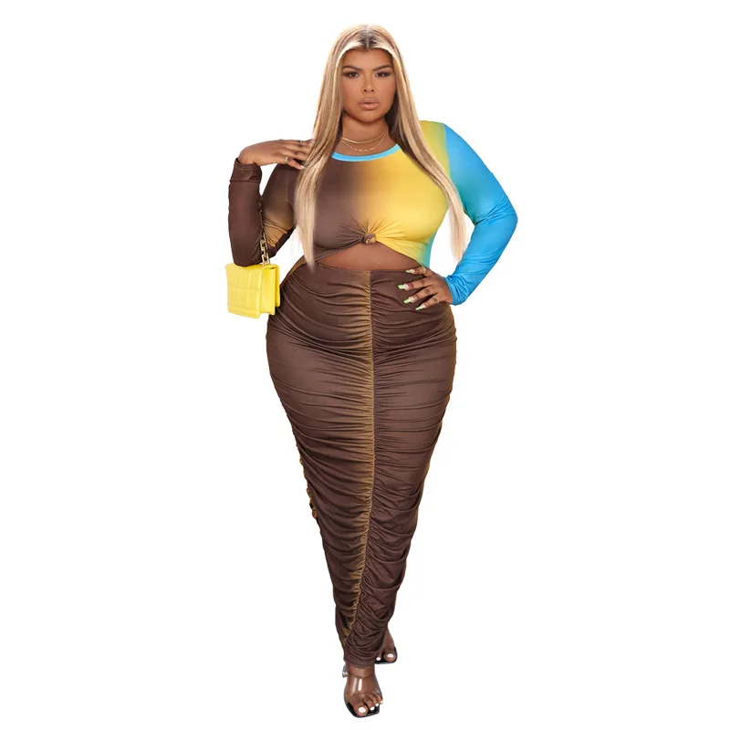 Plus Size Sets Short Top Gradual O-NECK Ruffle Fashion Tight Ankle Length Dress Two Piece Sets Womens Outifits Long sleeve Y2K