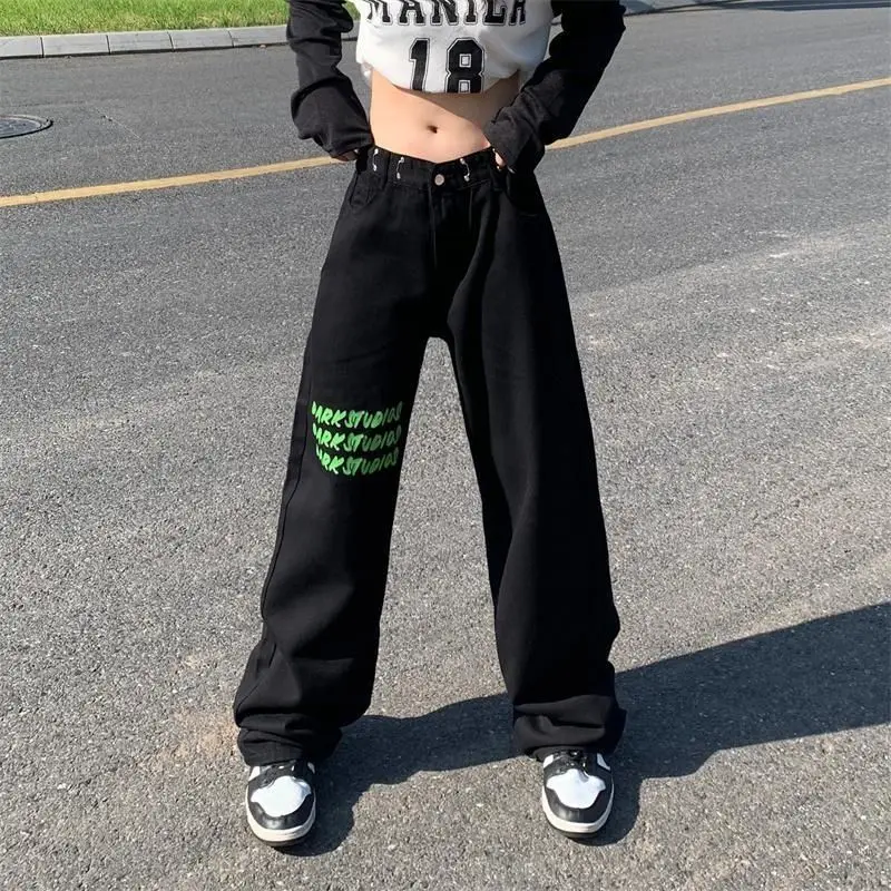 Streetwear Vintage Jeans High Waisted Black Y2k Retro Fashion Printing Trousers For Women's Summer Korean Style Denim Long Pants
