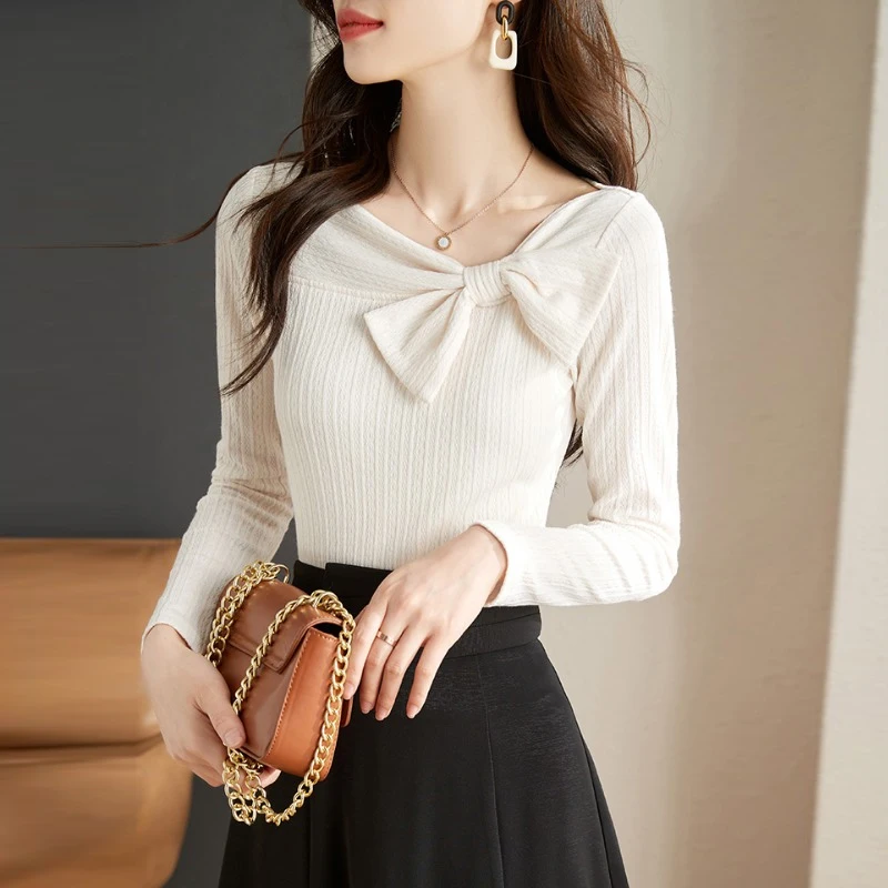 

Korean Bow Long Sleeve Knitted Sweater Women's Spring 2023 New Design Feeling Slim Fit Overlay Top