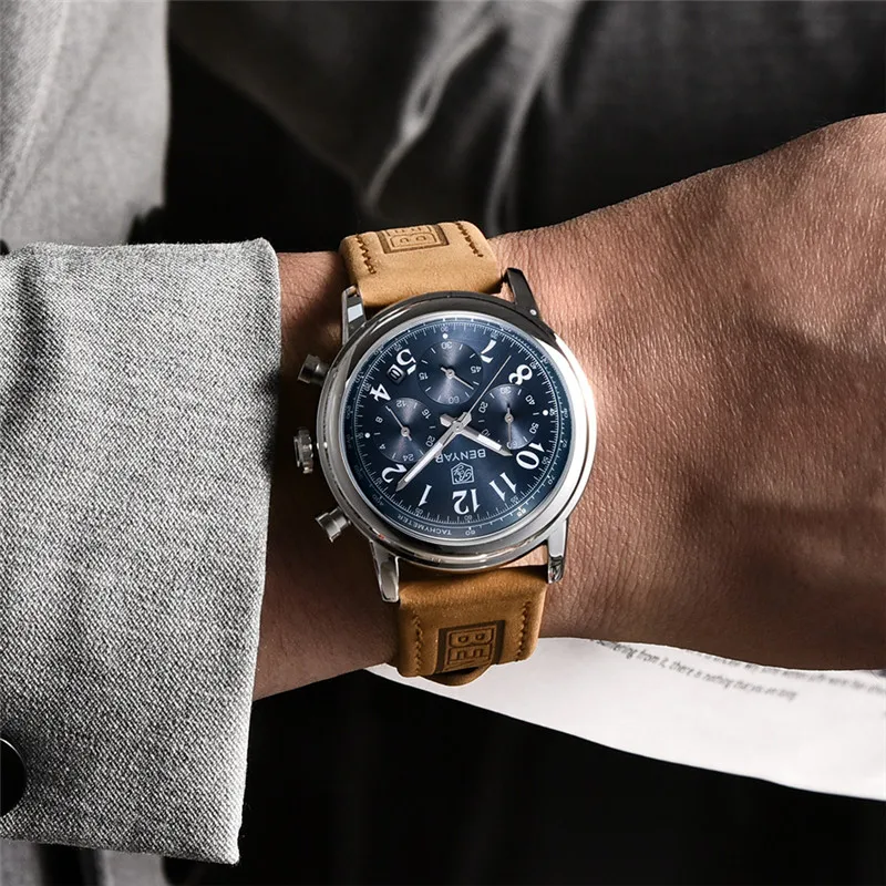 Часы-хронограф мужские водонепроницаемые из натуральной кожи в стиле милитари |