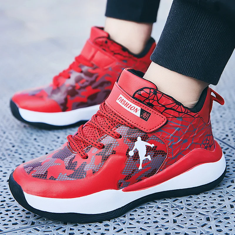 Brand Non-slip Rubber Kids Sneakers Black Boys Basketball Shoes Outdoor Children Sport Shoes Students Basket Trainers Shoes Red