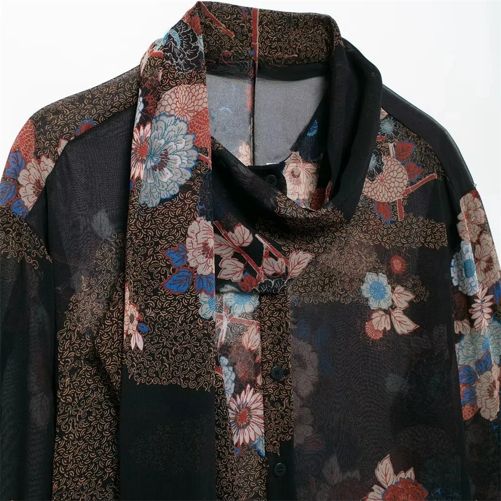 Женская свободная рубашка Taop &amp Za с цветочным принтом круглым вырезом и длинными