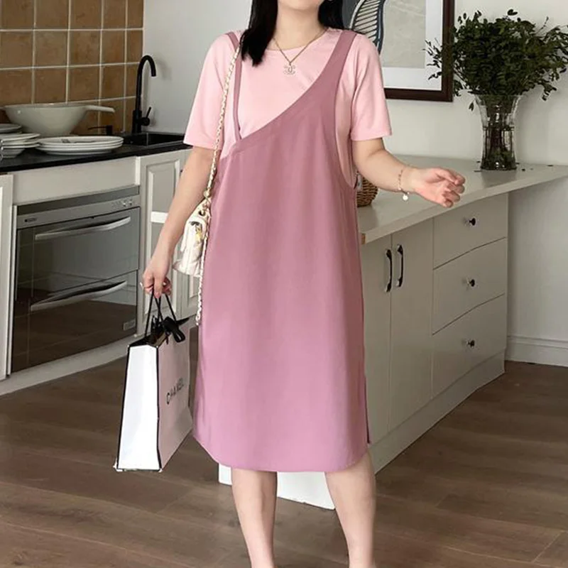 Plus Size Clothes Versatile Fake Two Pieces Korean Round Neck Button Combination Color Contrast Womens Straight Mid Length Dress