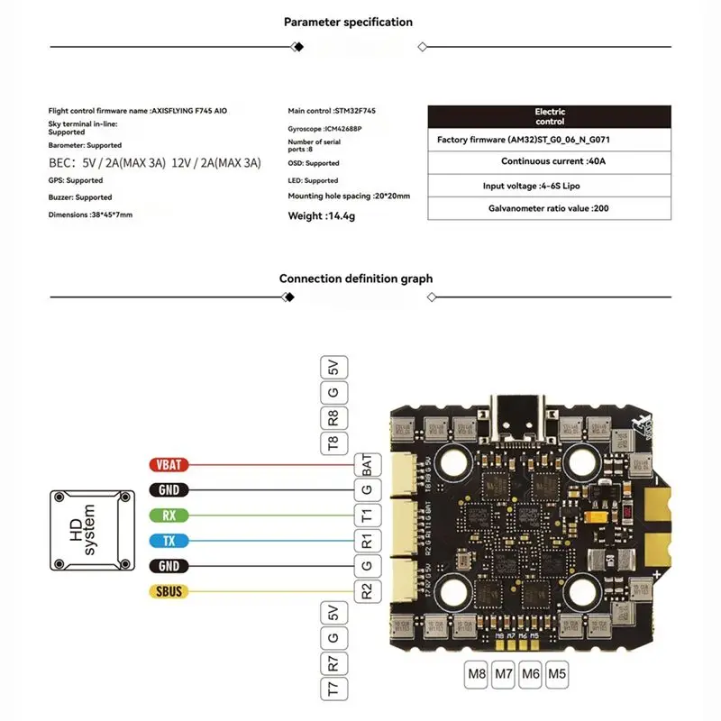 Фото B24B Argus F745 AIO 40A ICM-42688 Al0 12V ESC с переключателем 12В, улучшенная стабильность, 4-6S Lipo, аксессуары для FPV №3